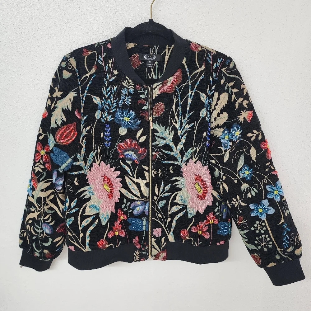 A.Z.I New York Desiree Black Floral Embroidered Beaded Bomber Jacket Sz Medium - Picture 5 of 9